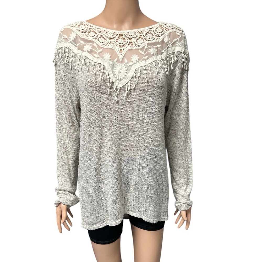 Vanity - EC - Chic Crochet Lace Trim Sweater - Gray